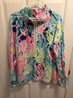 Lilly Pulitzer Skipper Popover Blue Pink Print 1/4 Zip Sweatshirt XL